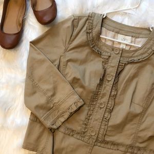Ann Taylor LOFT Khaki Tan Ruffle Blazer Sz 14